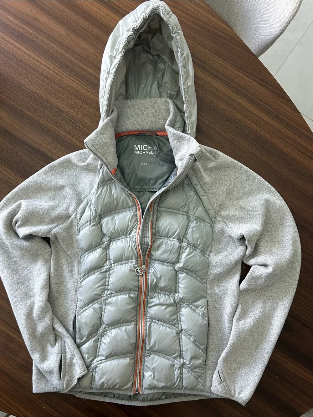 Michael Kors Light Gray Quilted Hooded Jacket with Coral Trim